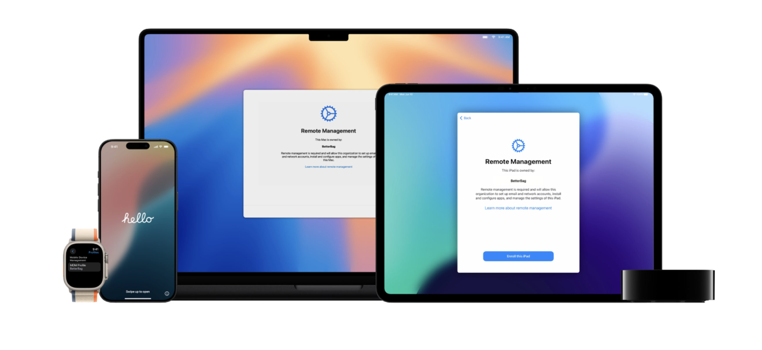 Apple devices lineup with login screens